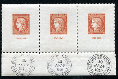 10 francs centenaire du timbre bande de 3 TTB