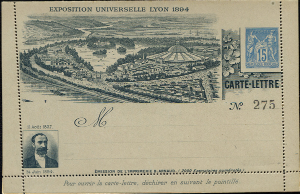 15 centimes Sage sur entier exposition Lyon 1894 TTB