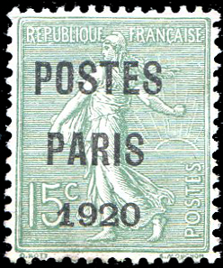15 centimes Semeuse lignée surchargée Postes Paris 1920 B+