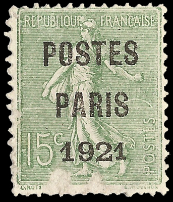 15 centimes vert-olive Poste Paris 1921 Grand 192 Rareté