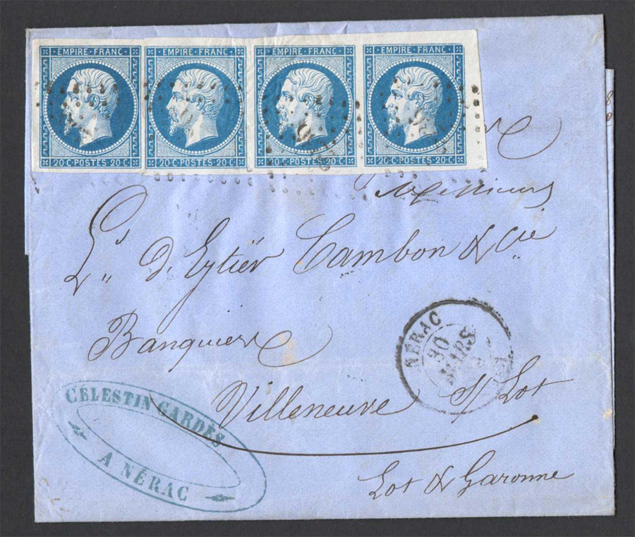 N°0014A - 20 cnts Empire bande de trois + 1 timbre quadruple port TTB – Image 2